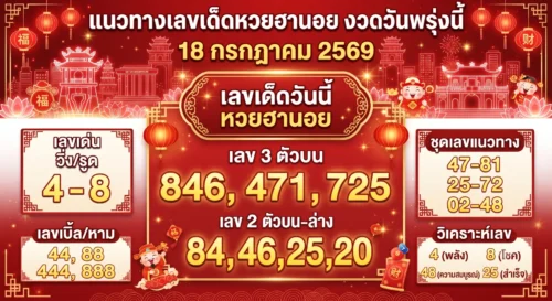 แนวทางเลขเด็ดหวยฮานอย 18 ก.ค. 69 เลขเด่น 4 และ 8 มาแรงหลายสำนัก