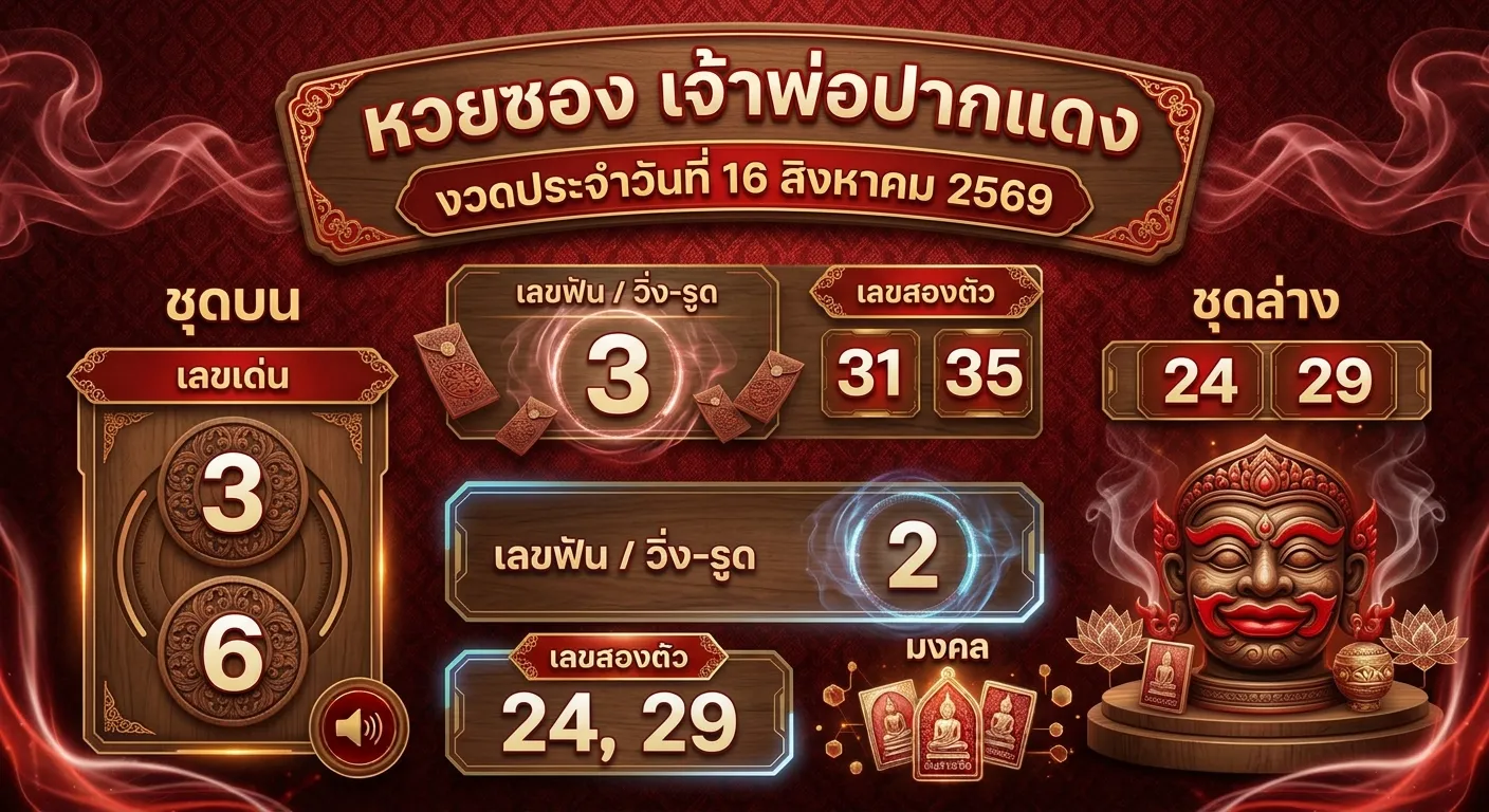 แนวทางหวยซองเจ้าพ่อปากแดง 16 ส.ค. 69 ส่องเลขเด่น บน-ล่าง
