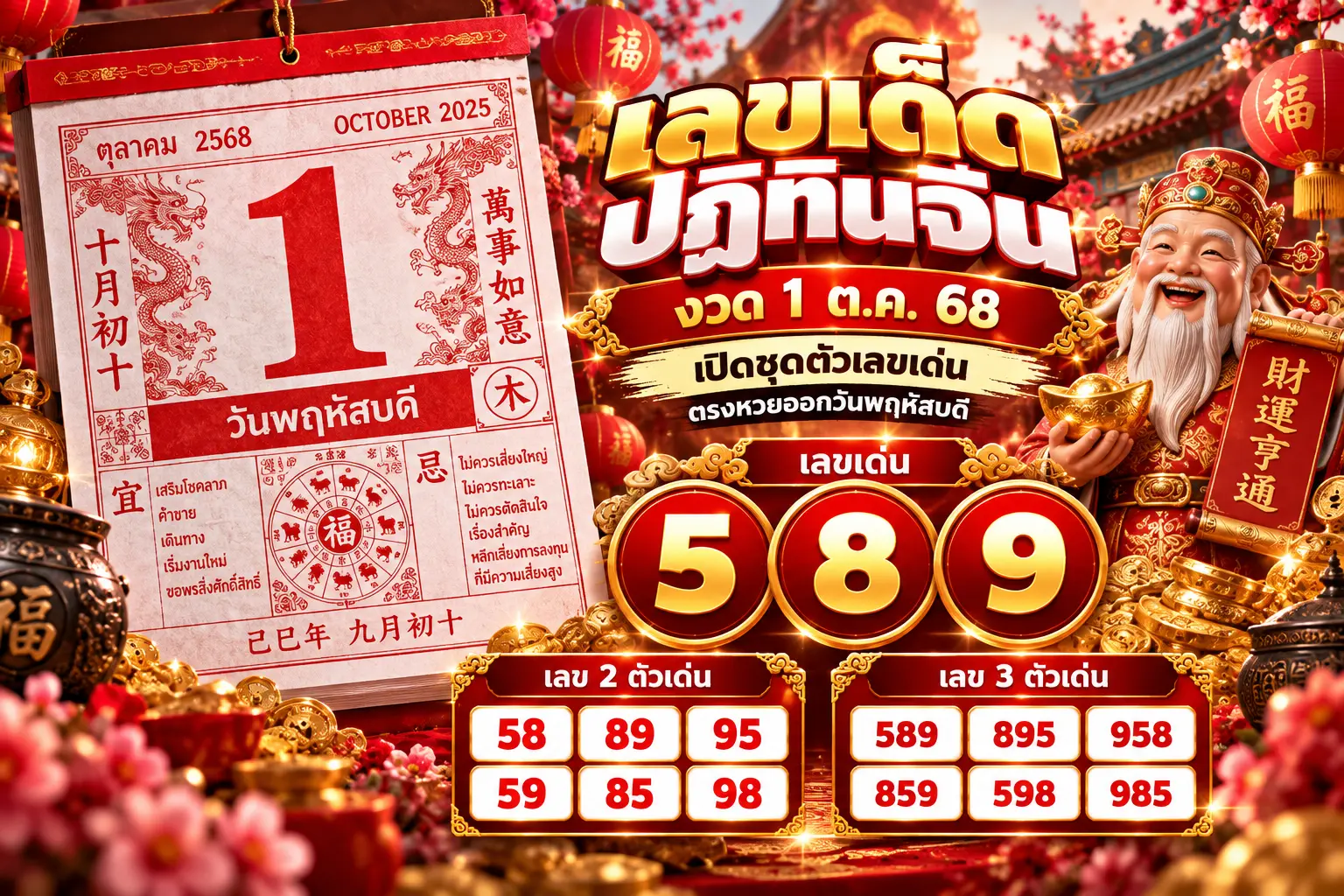เลขเด็ดปฏิทินจีน งวด 1 ต.ค. 68 เลขเด่น 9-6 ตรงวันพฤหัสบดี