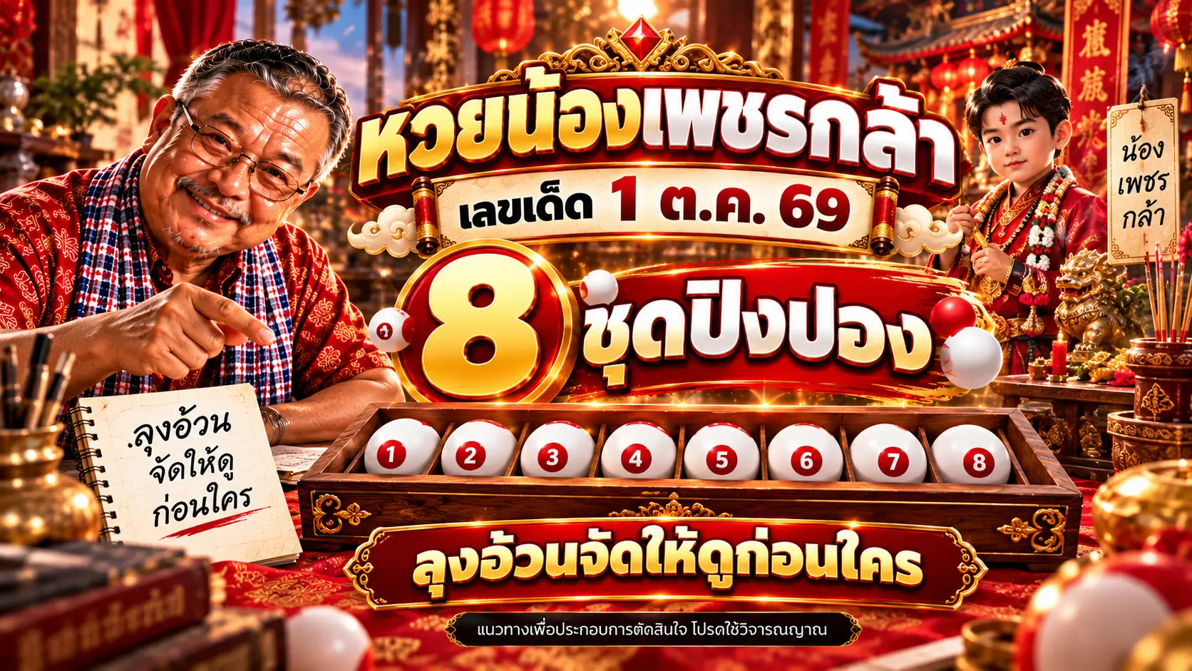 หวยน้องเพชรกล้า เลขเด็ด 1 ต.ค. 69 ปล่อย 8 ชุด เด่น 85-98-92