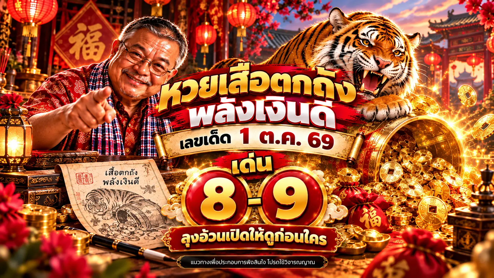 หวยเสือตกถังพลังเงินดี เลขเด็ด 1 ต.ค. 69 เด่น 8-9 ชุดน่าลุ้น