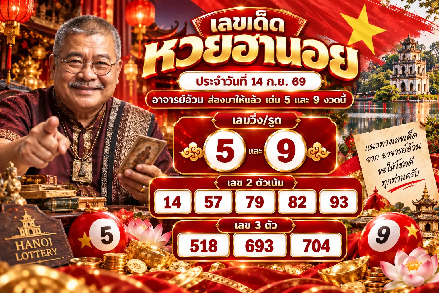 เลขเด็ดหวยฮานอย 14 ก.ย. 69 อาจารย์อ้วนส่อง เด่น 5 และ 9 งวดนี้