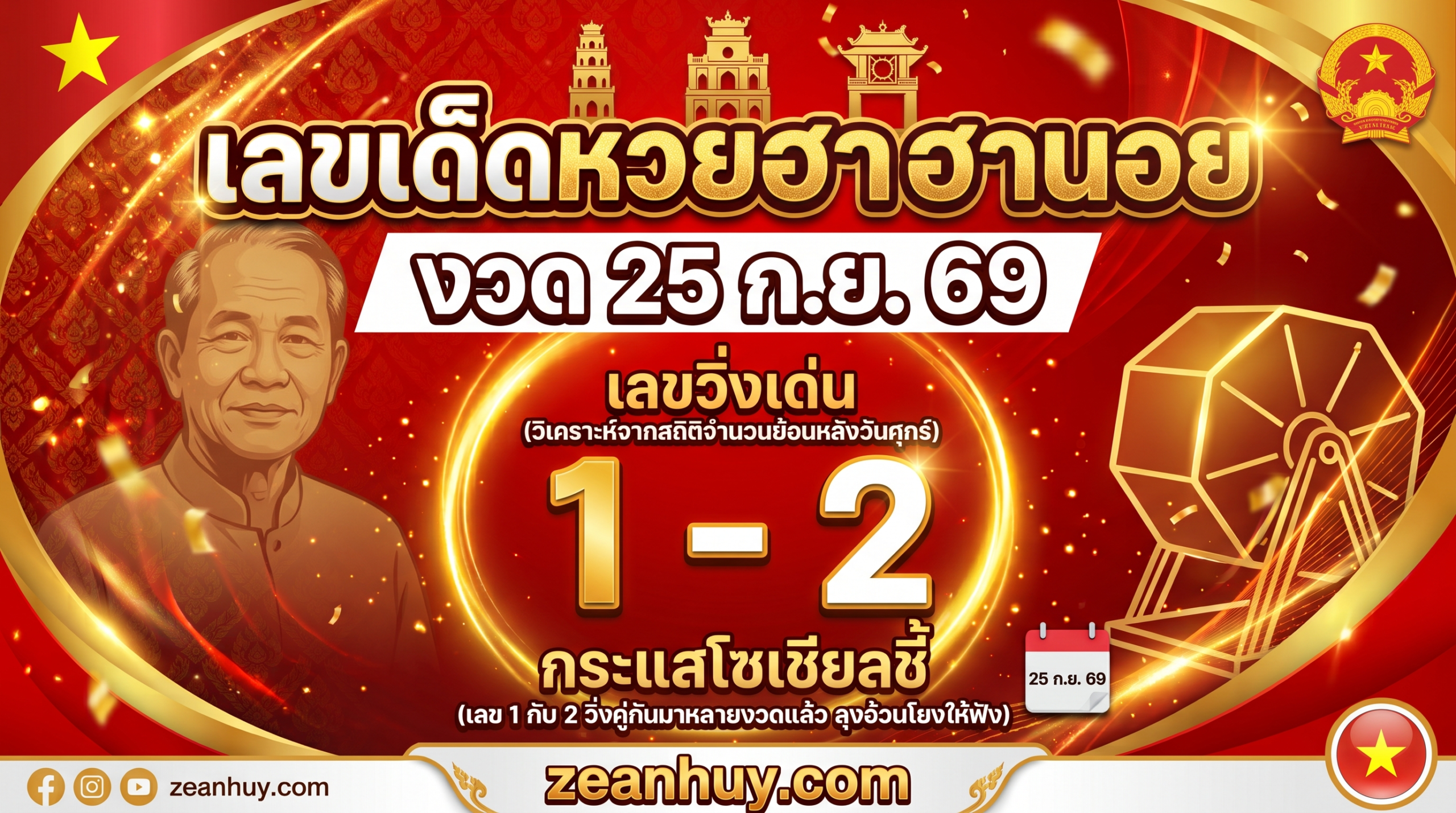 เลขเด็ดหวยฮานอย 25 ก.ย. 69 เด่น 1-2 วิ่งคู่ ชุดมงคลครบ