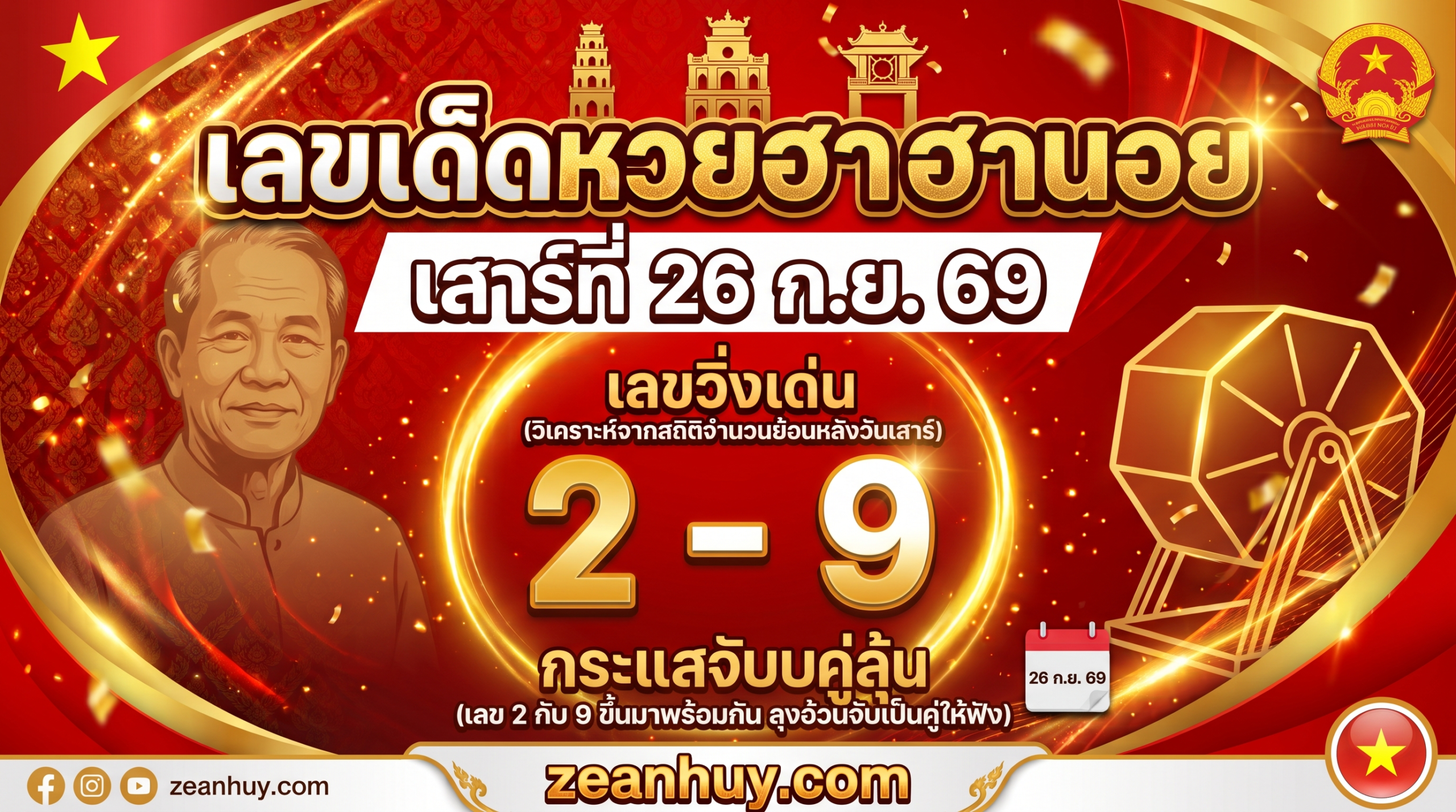 เลขเด็ดหวยฮานอย 26 ก.ย. 69 เด่น 2-9 วันเสาร์ ชุดน่าเก็บครบ