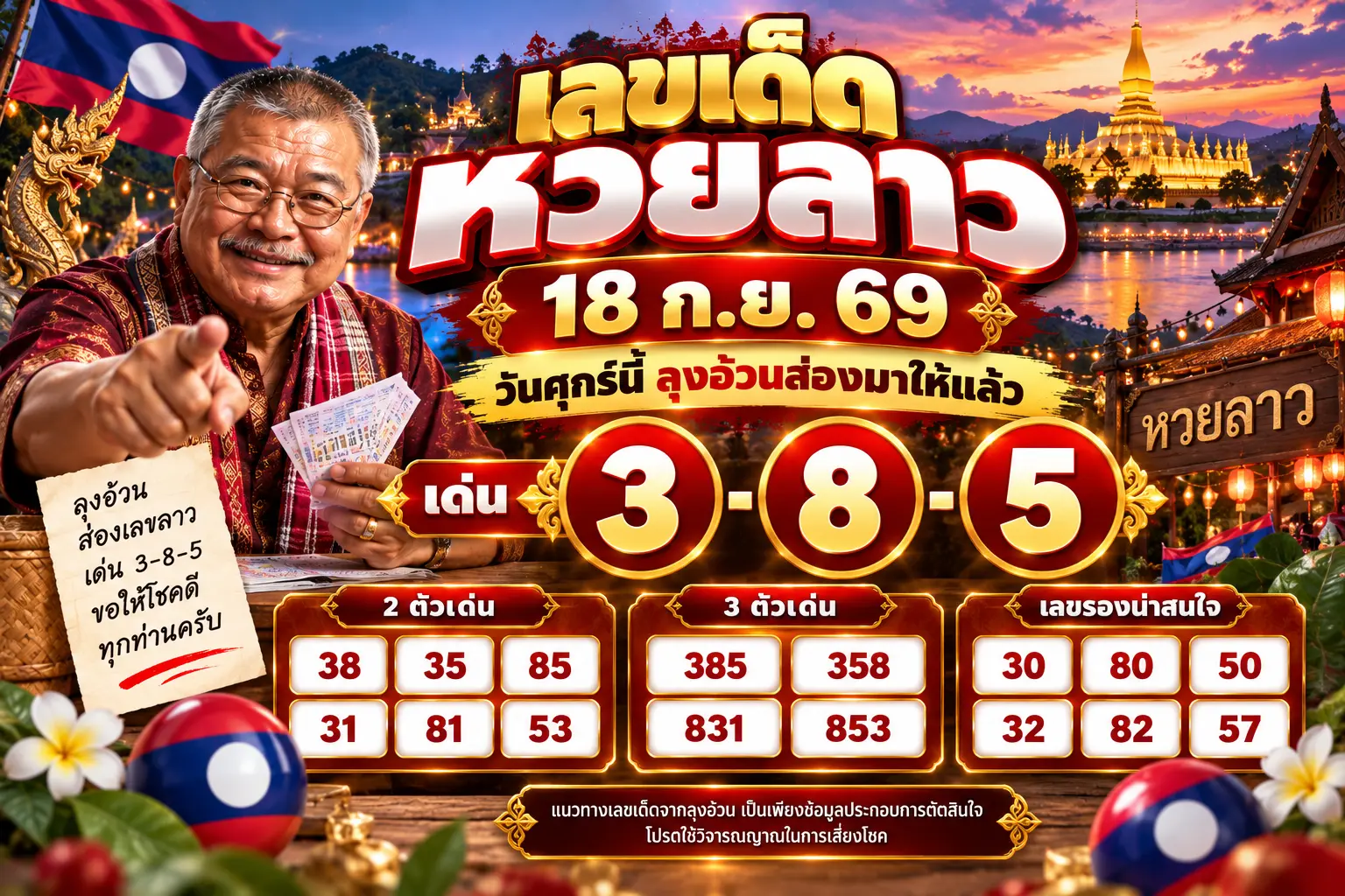 เลขเด็ดหวยลาว 18 ก.ย. 69 เด่น 3-8-5 สำนักดังและสถิติบอกชัด