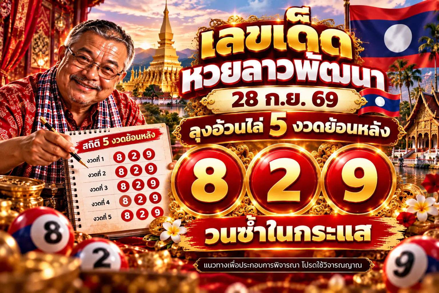 เลขเด็ดหวยลาวพัฒนา 28 ก.ย. 69 ลุงอ้วนไล่ 5 งวดย้อนหลัง เจอ 8-2-9 วนซ้ำในกระแส