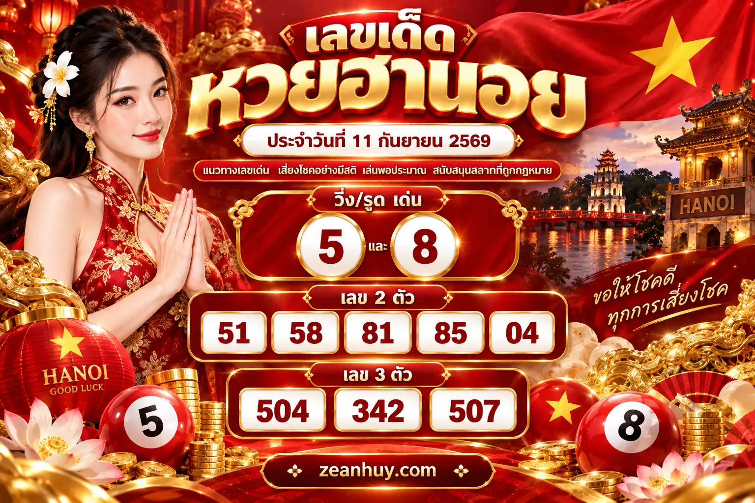 เลขเด็ดหวยฮานอย 11 ก.ย. 69 เลขเด่น 5 และ 8 สถิติย้อนหลังบอกชัด