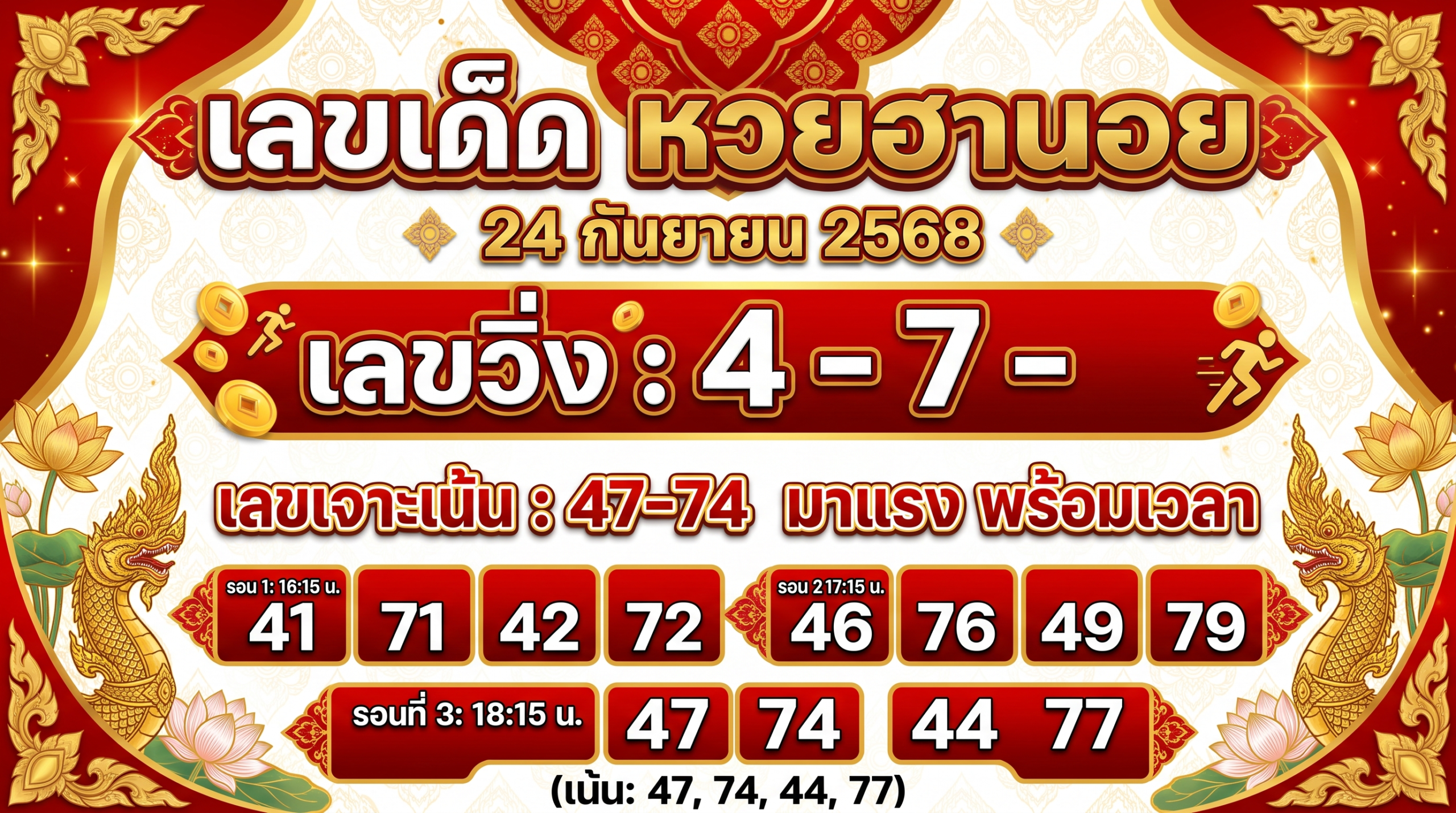 เลขเด่นงวด 24 ก.ย. 68 เลขวิ่ง 4-7 พร้อมเลขฮานอยทุกรอบ