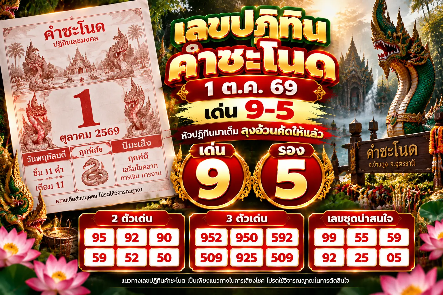เลขปฏิทินคำชะโนด 1 ต.ค. 69 เด่น 9-5 ลุงอ้วนชี้ชุดน่าเก็บ
