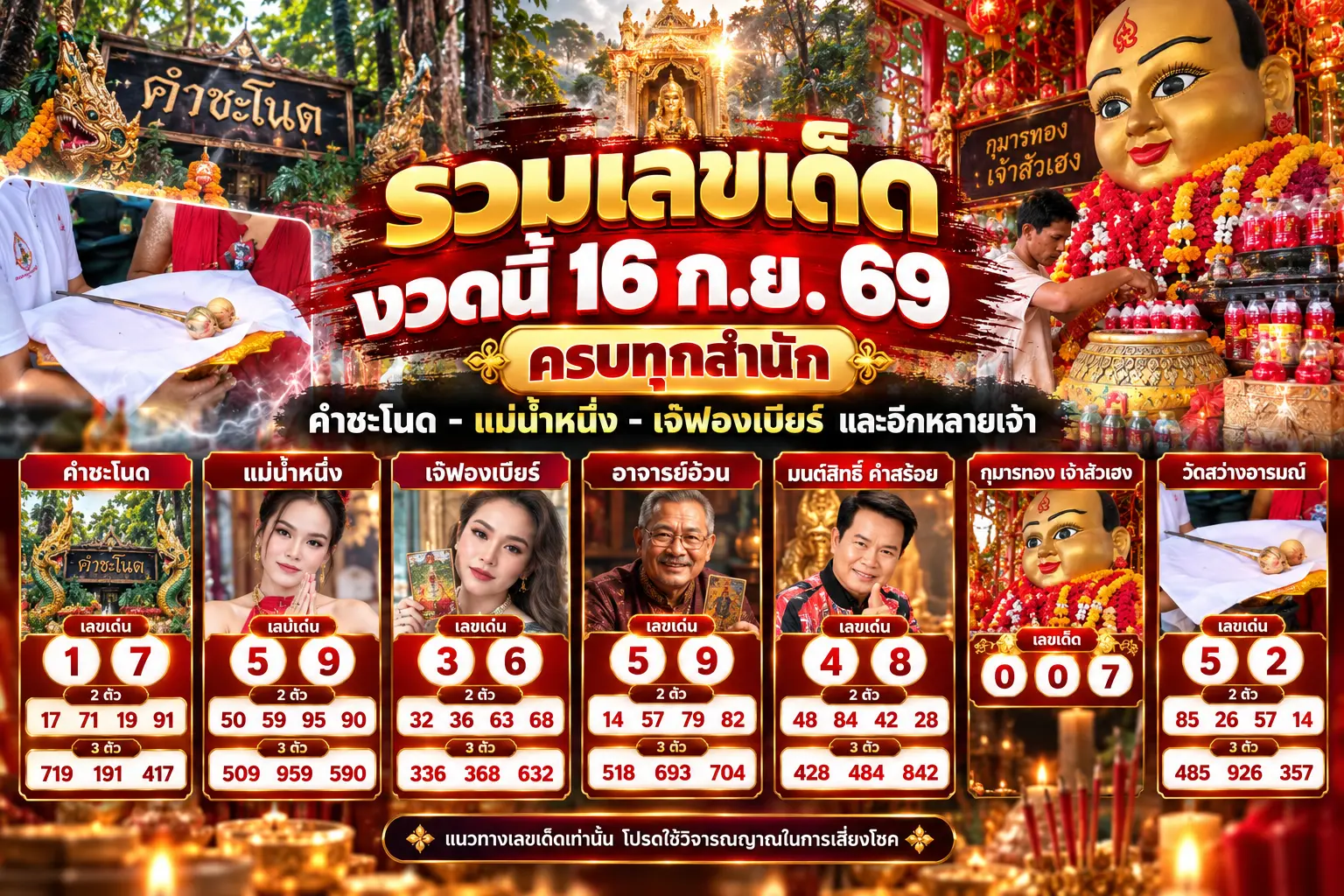 รวมเลขเด็ด 16 ก.ย. 69 ครบทุกสำนัก คำชะโนด แม่น้ำหนึ่ง ม้าสีหมอก