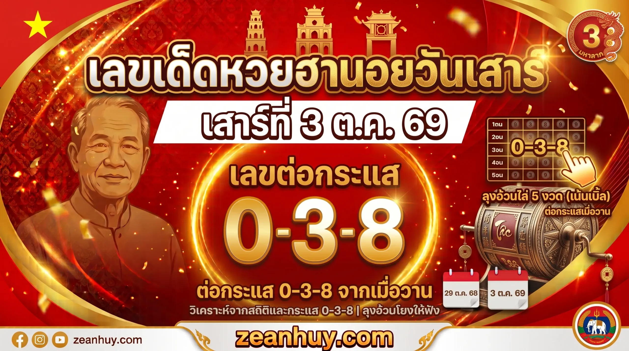 เลขเด็ดหวยฮานอย 3 ต.ค. 69 วันเสาร์ เด่น 0-3-8 ต่อกระแสจากเมื่อวาน
