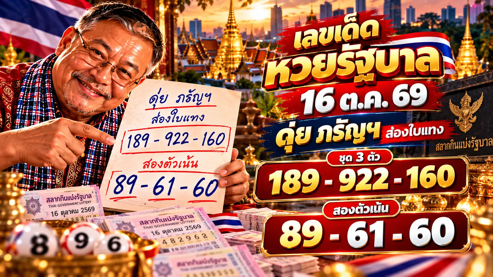 เลขเด็ดหวยรัฐบาล 16 ตุลาคม 2569 ดุ่ย ภรัญฯ